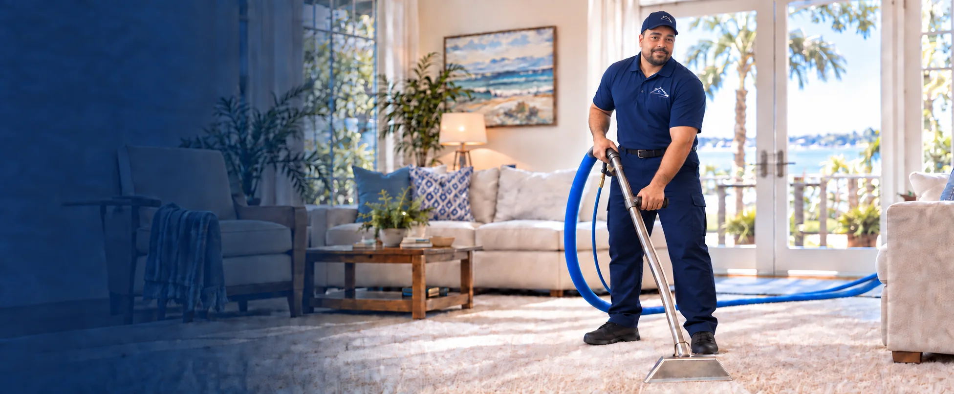 Duggins Services carpet cleaning technician using a truck-mounted wand in a Pensacola home