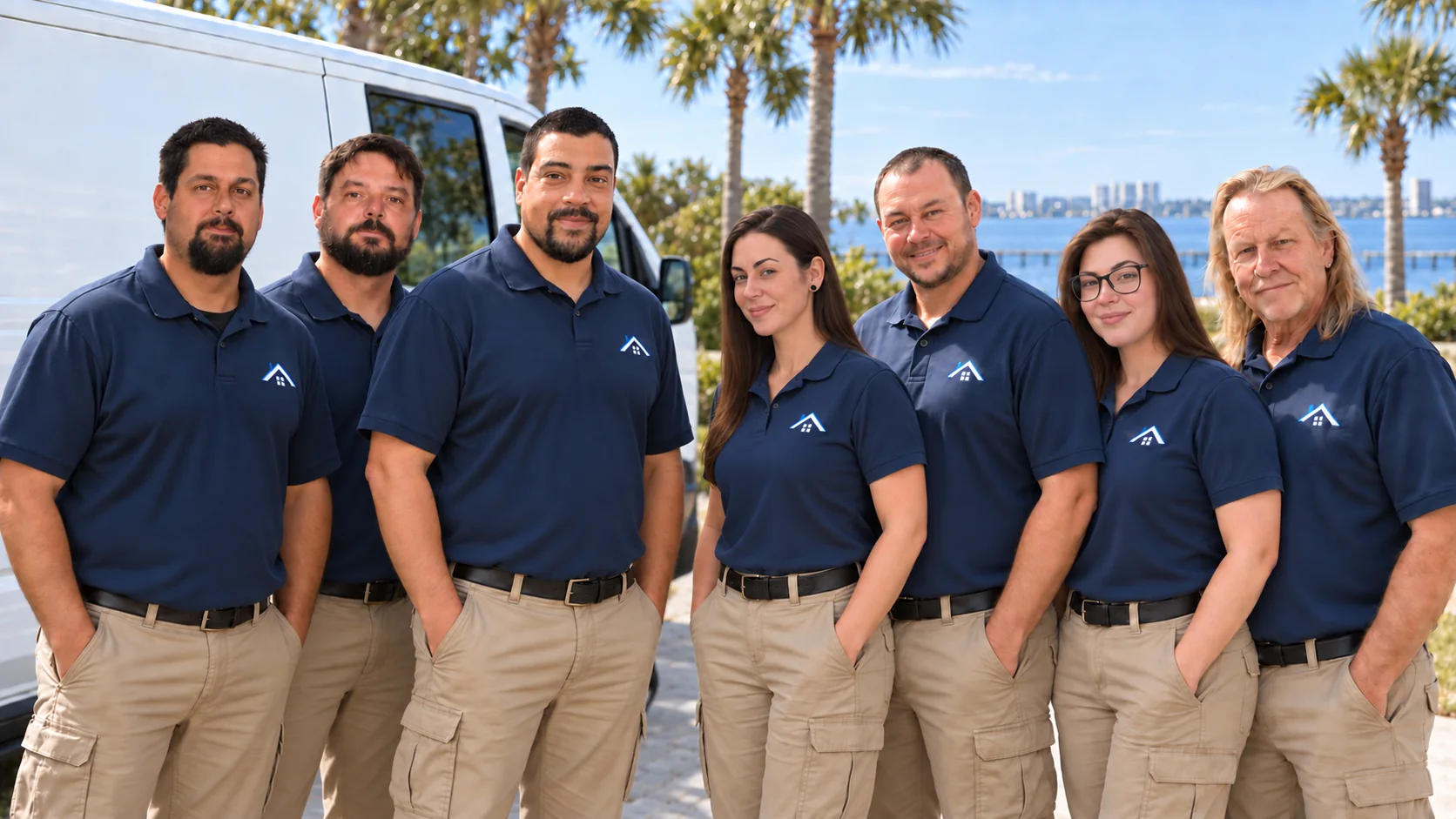 Duggins Services local team beside a service van in Pensacola
